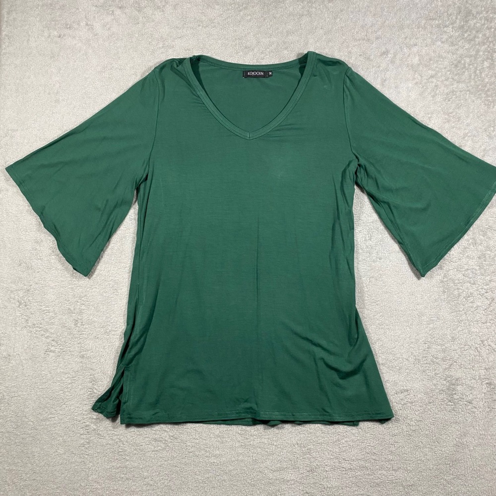 KOJOOIN‎ Bell Sleeve Top Women Medium Green V-Neck Side Slit Rayon Blend
